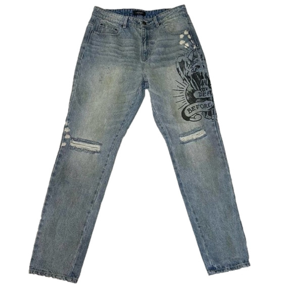 Ed Hardy Denim Jeans Tattoo Print Death Before Dishonor Distressed knees - Picture 3 of 13